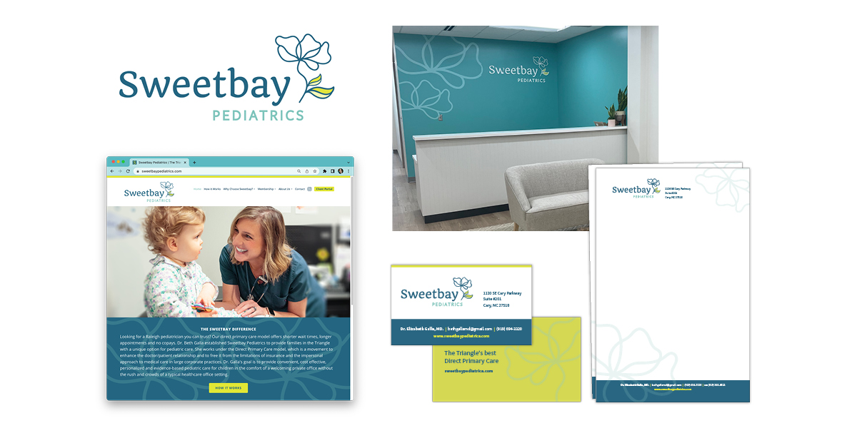 Sweetbay Pediatric branded materials — logo‚ website, business card, stationery, office graphics
